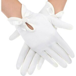 Women's Elegant White Short Flower Bow Pearl Gloves Design Wrist Wedding Dress